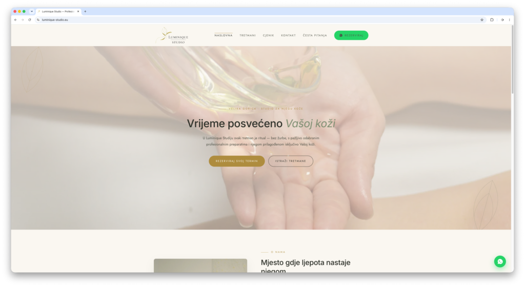 Naslovna stranica web stranice za kozmetički salon Luminique Studio